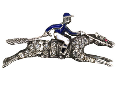 Silver, Enamel & Paste Racehorse & Jockey Brooch