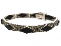 Art Deco Silver, Onyx & Marcasite Diamond Pattern Bracelet