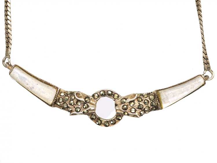 Silver, Mother of Pearl & Marcasite Cheetah Head's Necklace