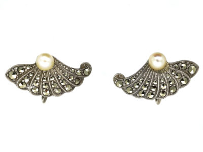 Art Deco Silver, Marcasite & Pearl Fan Shaped Earrings