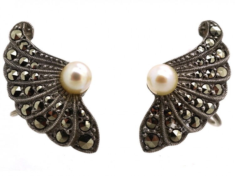 Art Deco Silver, Marcasite & Pearl Fan Shaped Earrings