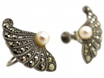 Art Deco Silver, Marcasite & Pearl Fan Shaped Earrings