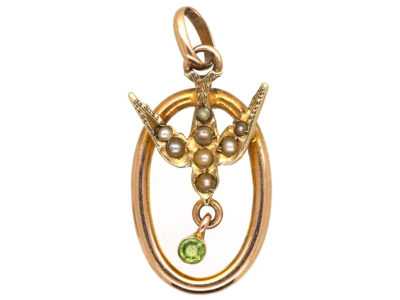 Edwardian 9ct Gold, Split Pearl & Peridot Tiny Pendant of a Swallow