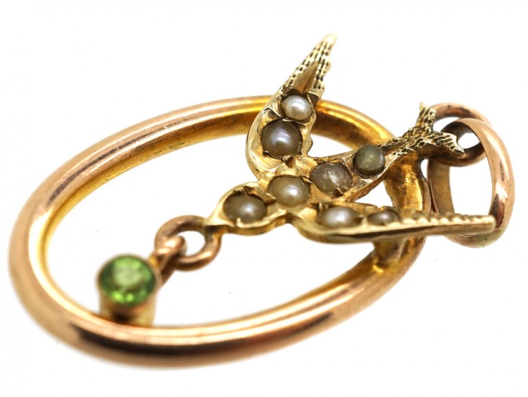 Edwardian 9ct Gold, Split Pearl & Peridot Tiny Pendant of a Swallow
