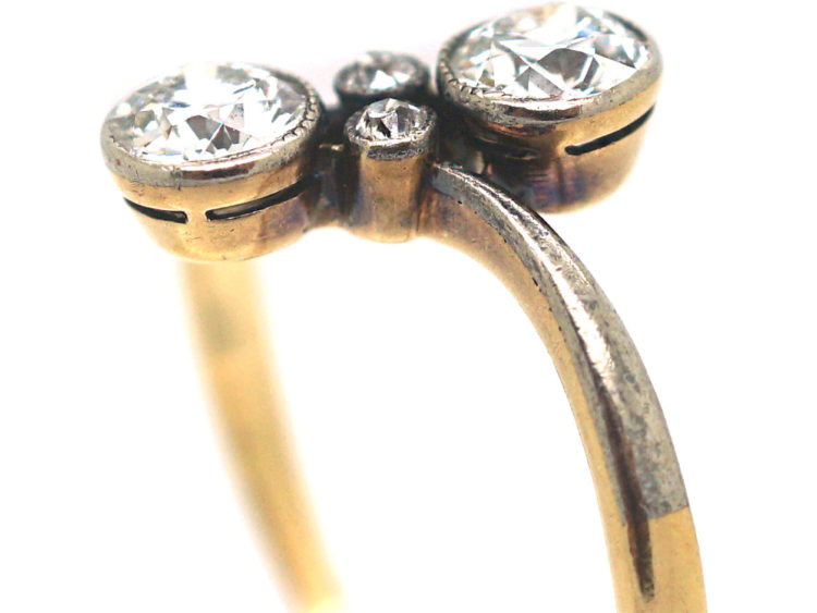 Art Nouveau 18ct Gold, Platinum & Two Stone Diamond Crossover Ring