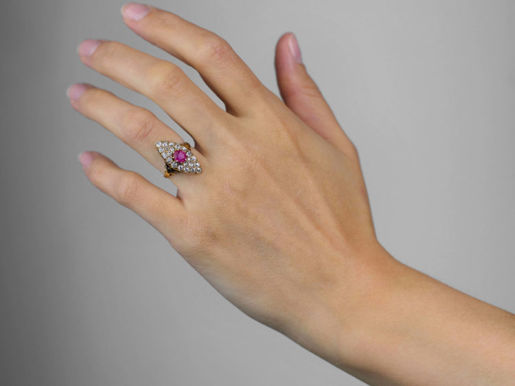 Edwardian 18ct Gold, Ruby & Diamond Marquise Ring