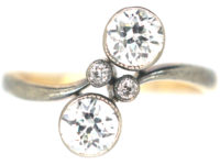 Art Nouveau 18ct Gold, Platinum & Two Stone Diamond Crossover Ring