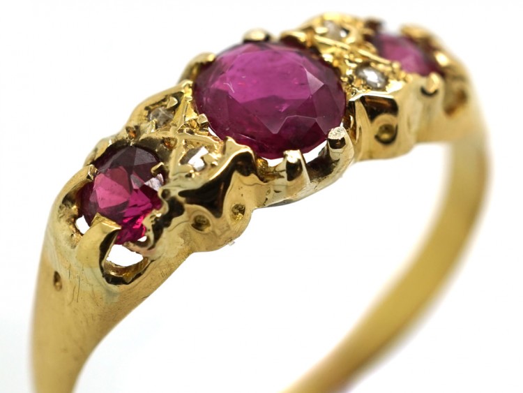 Edwardian 18ct Gold, Three Stone Ruby & Diamond Ring