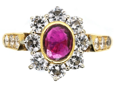 18ct Gold Ruby & Diamond Cluster Ring With Diamond Shoulders