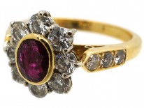 18ct Gold Ruby & Diamond Cluster Ring With Diamond Shoulders