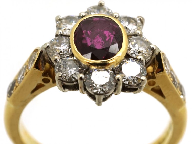 18ct Gold Ruby & Diamond Cluster Ring With Diamond Shoulders