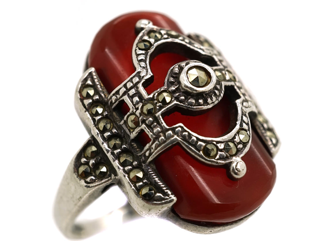 Art Deco Silver, Carnelian & Marcasite Ring (840H) | The Antique ...