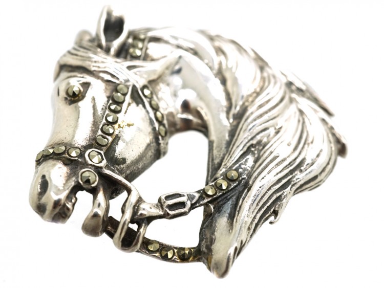 Silver & Marcasite Horse Head Brooch