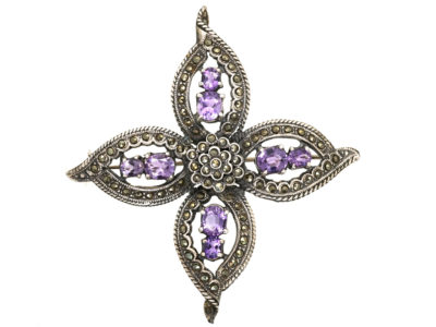 Large Silver, Amethyst & Marcasite Brooch
