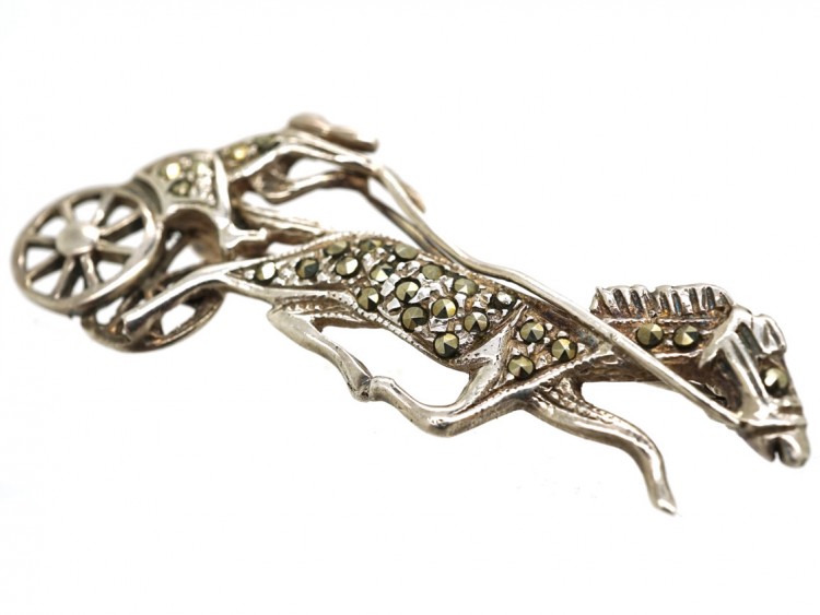 Silver & Marcasite Trotting Horse & Carriage Brooch