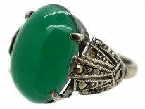 Silver, Green Chalcedony & Marcasite Art Deco Ring