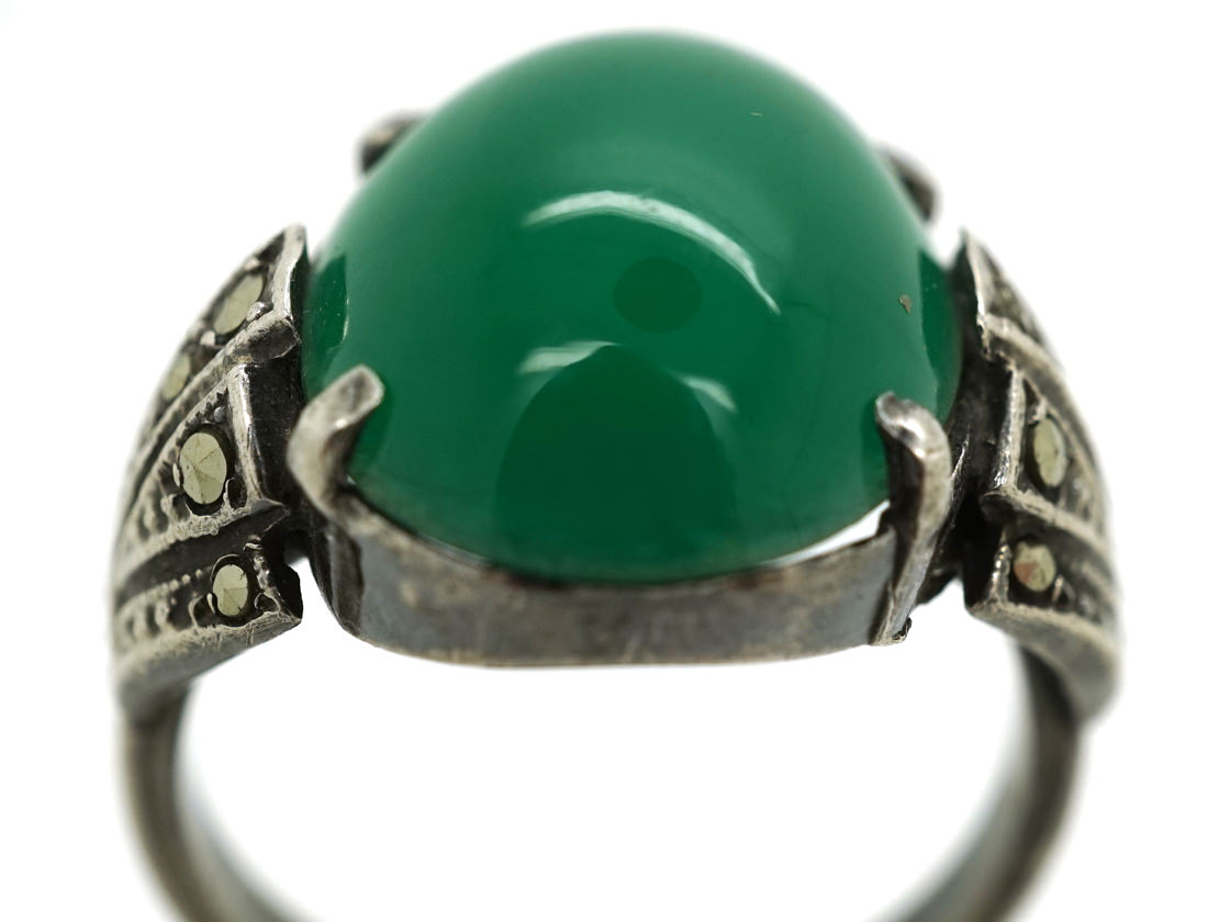 Silver, Green Chalcedony & Marcasite Art Deco Ring (858H) | The Antique ...