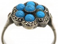Art Deco Silver, Marcasite & Blue Glass Cluster Ring