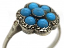Art Deco Silver, Marcasite & Blue Glass Cluster Ring