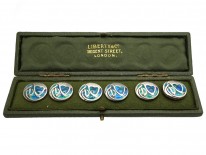 Art Nouveau Silver & Enamel Buttons by Liberty In Original Case