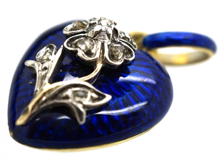 Victorian 15ct Gold, Rose Diamond & Blue Enamel Heart Pendant in Case