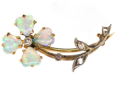 Edwardian 15ct Gold Heart Shaped Opal & Diamond Flower Brooch
