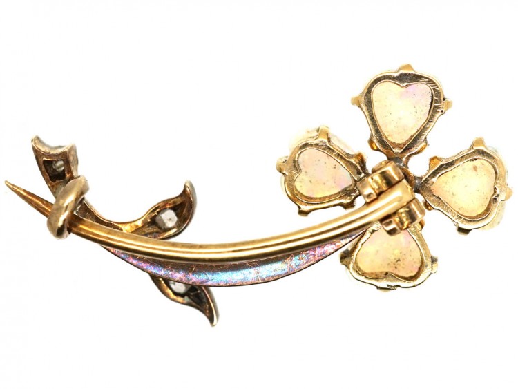 Edwardian 15ct Gold Heart Shaped Opal & Diamond Flower Brooch