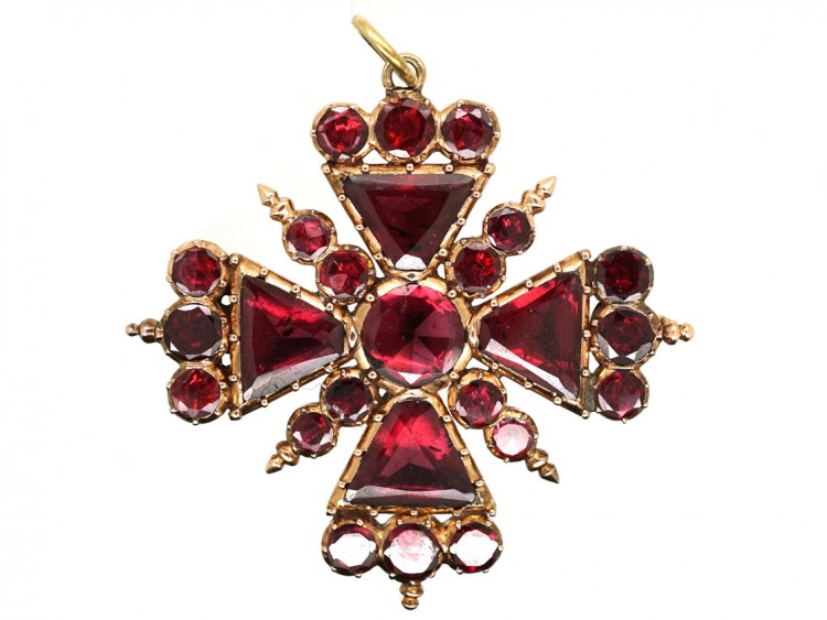 Georgian Gold & Flat Cut Garnet, Maltese Cross Pendant & Brooch