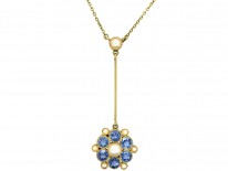 Edwardian 15ct Gold, Sapphire & Natural Split Pearl Pendant on Chain
