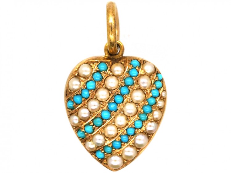 Edwardian 15ct Gold, Turquoise & Natural Split Pearl Heart Pendant