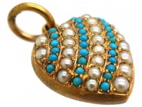 Edwardian 15ct Gold, Turquoise & Natural Split Pearl Heart Pendant