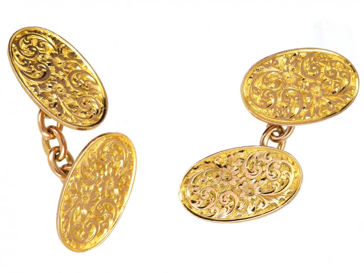 Edwardian 9ct Gold Oval Engraved Cufflinks