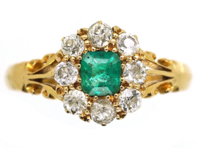 Edwardian 18ct Gold, Emerald & Diamond Cluster Ring