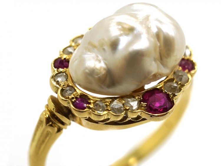 Edwardian 18ct Gold, Natural Pearl, Rose Diamond & Ruby Ring