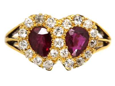 Edwardian 18ct Gold, Ruby & Diamond Double Heart Ring