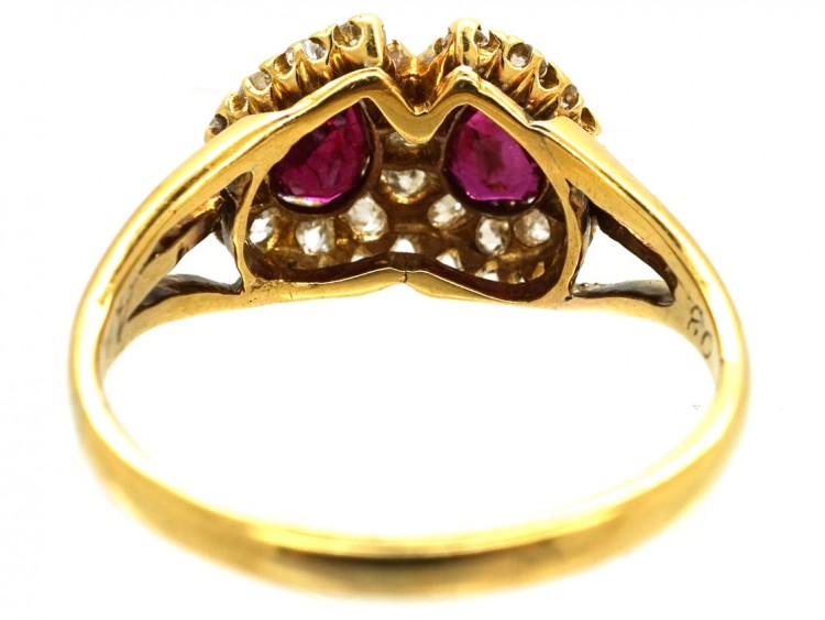 Edwardian 18ct Gold, Ruby & Diamond Double Heart Ring
