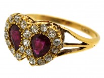 Edwardian 18ct Gold, Ruby & Diamond Double Heart Ring