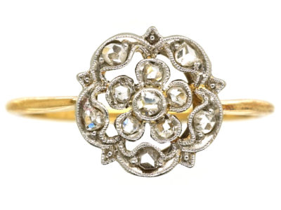 Edwardian 18ct Gold, Platinum & Rose Diamond Flower Ring