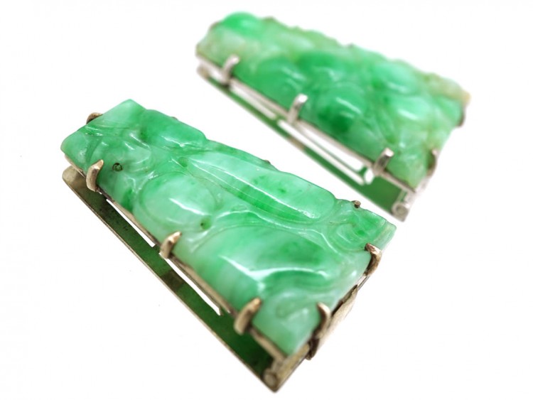 Art Deco 18ct White Gold, Pair of Carved Jade Clips