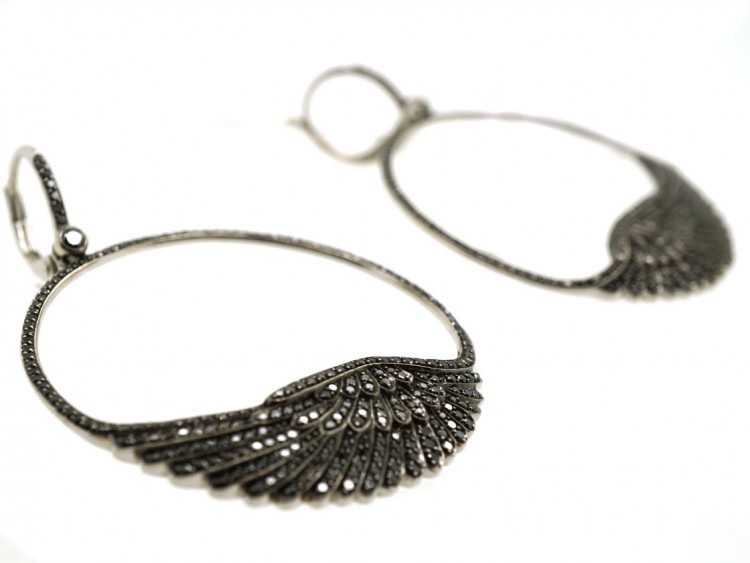 18ct White Gold & Black Diamond Wing Earrings By Garrards