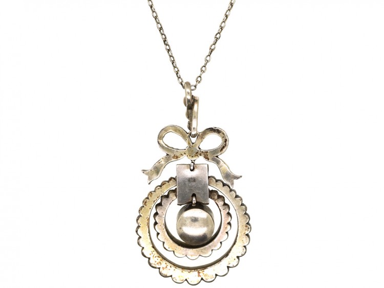 Edwardian Silver & Paste Double Ring Pendant With Bow Top on Silver Chain