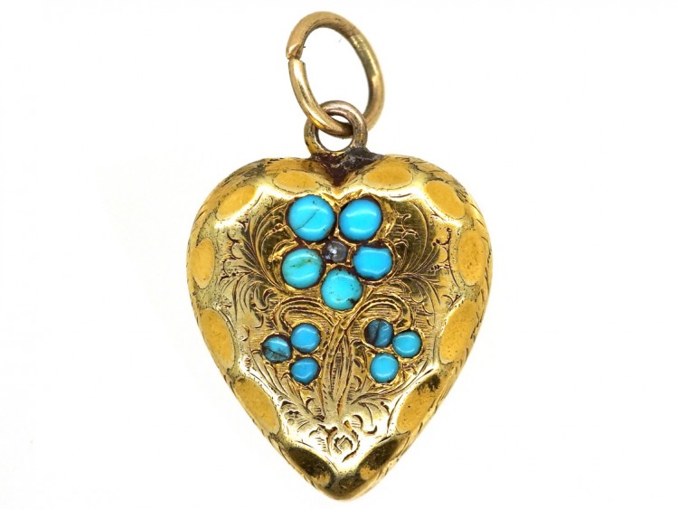 Late Georgian 15ct Gold & Turquoise Heart Shaped Forget Me Not Pendant