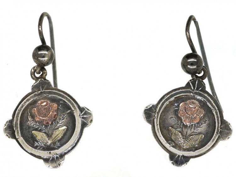 Victorian Silver & Gold Overlay Rose Motif Drop Earrings