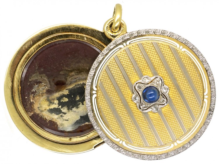 Austrian Art Deco Two Colour Gold Round Locket Set With Sapphire & Diamonds