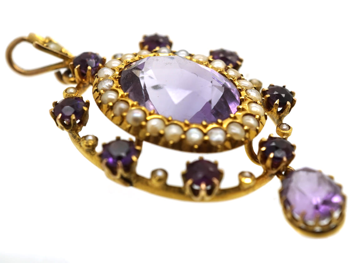 Edwardian 15ct Gold Amethyst & Natural Split Pearl Pendant (50K) | The ...