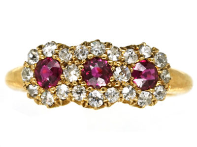 Victorian 18ct Gold, Ruby & Diamond Triple Cluster Ring