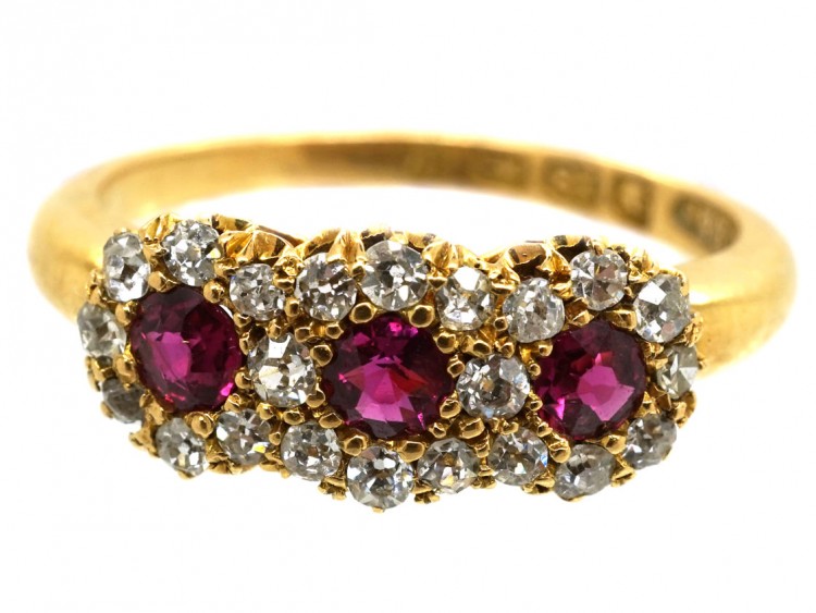 Victorian 18ct Gold, Ruby & Diamond Triple Cluster Ring