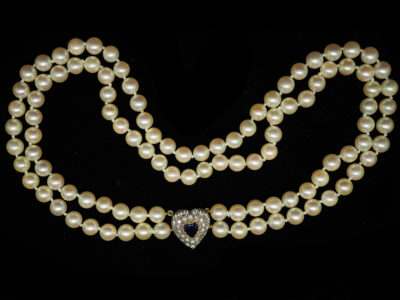 Two Row Pearl Choker With a Heart Shaped Diamond & Sapphire Clasp