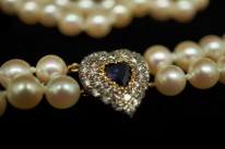 Two Row Pearl Choker With a Heart Shaped Diamond & Sapphire Clasp
