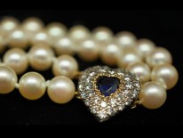 Two Row Pearl Choker With a Heart Shaped Diamond & Sapphire Clasp